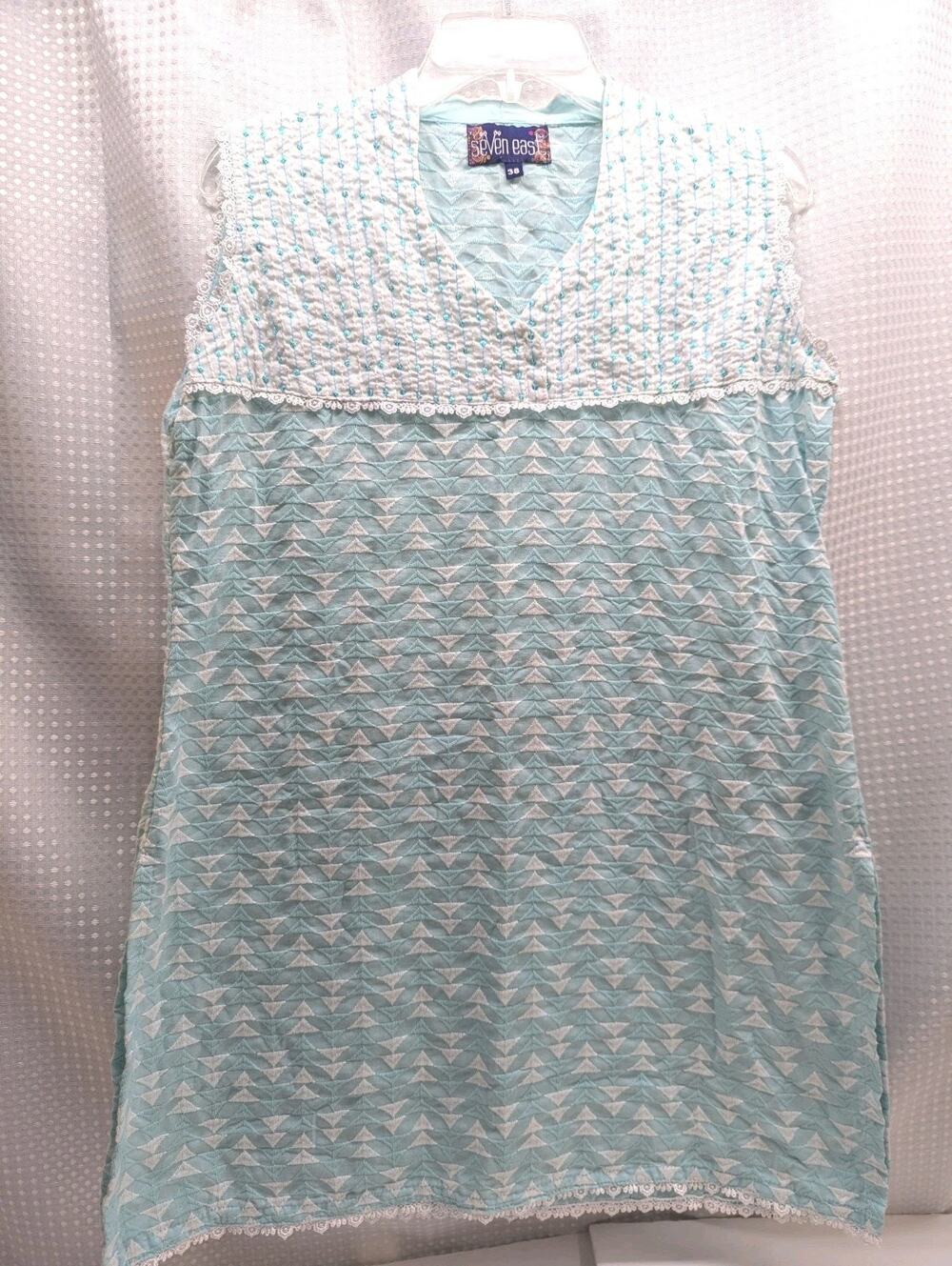 Seven Seas Indian  Kurti Tunic,38,Aqua With Embroidery Material Over All